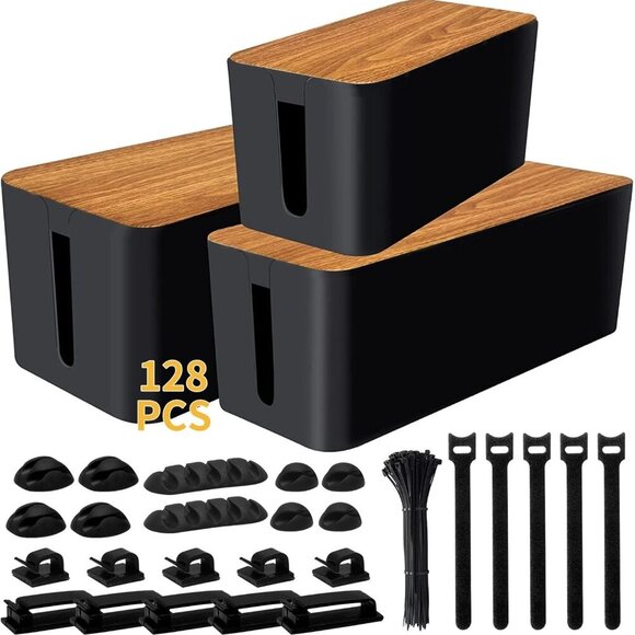 Cable Management Box 3 Pack with 125PCS Cable Management Kit for Power Strip to